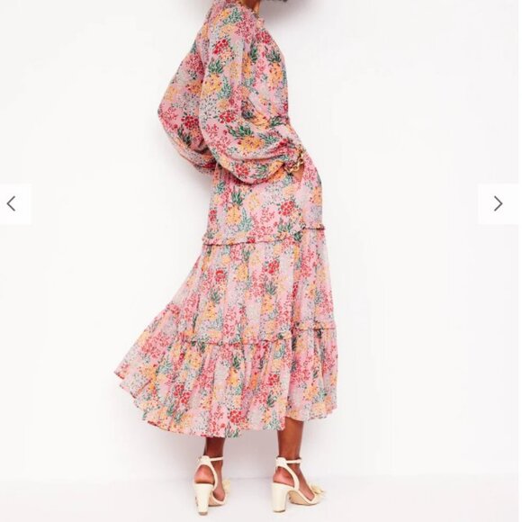 Boden Garden Bouquet Puff Sleeve Tiered Ruffle Midi Dress 10P Pink Floral Boho - Picture 10 of 16